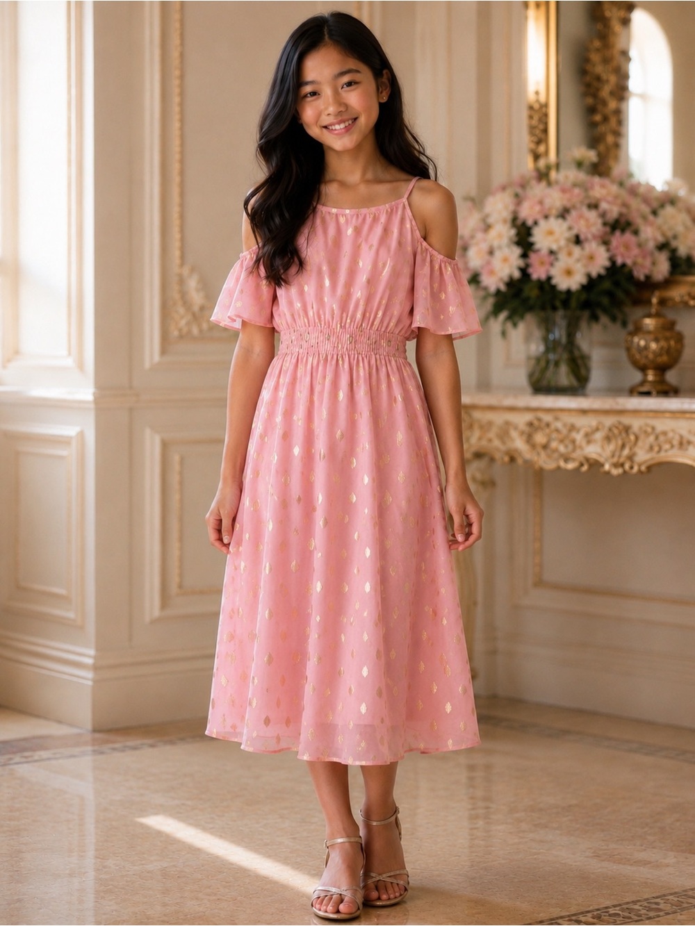 Grace Karin Girls' Coral Pink Dress with Gold Dots & Cold-Shoulder Semi- Formal